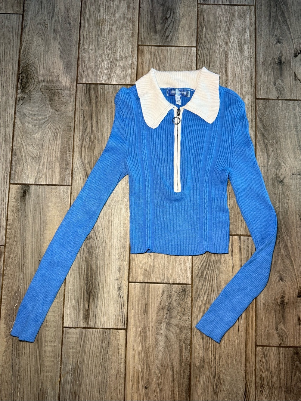 Urban Outfitters Blue Ribbed Half-Zip Sweater with White Collar